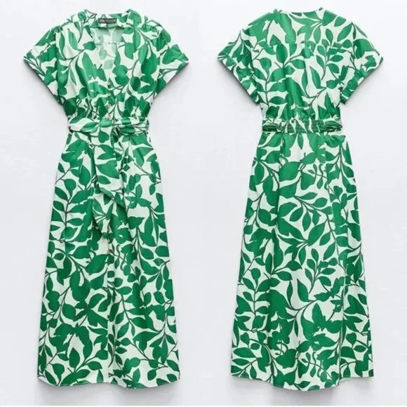 NWT ZARA Women's Belted Green & White Leaves Printed Long Midi Dress, Medium - Picture 3 of 13